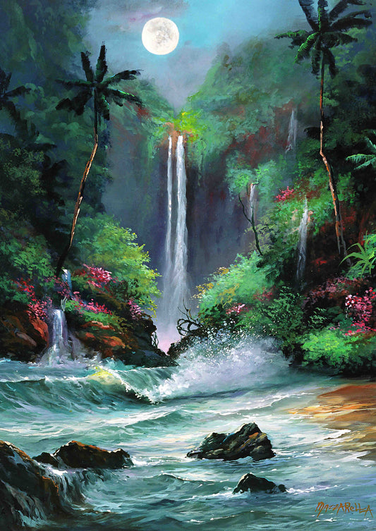 Moonlight Tropical Falls - Giclée on Metal